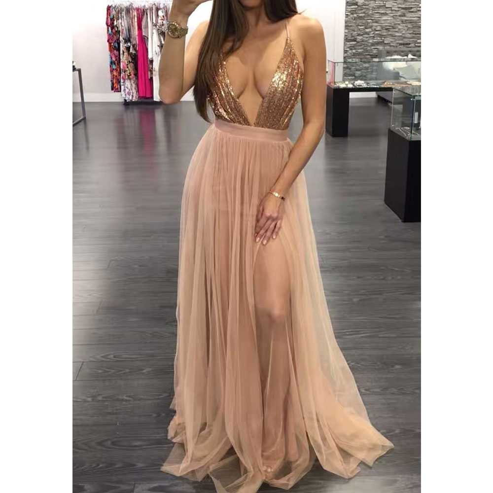 new women's sequin mesh halter slide evening dress