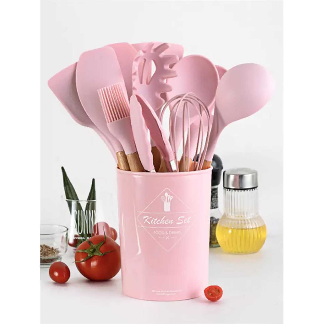 11pcs pink silicone wooden handle spatula