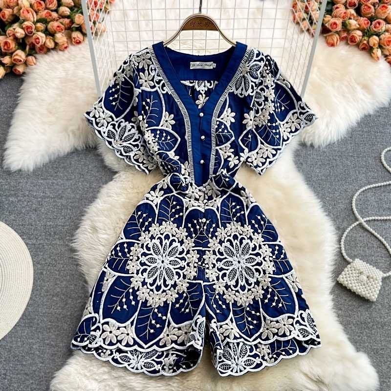 new summer vintage V-neck heavy embroidered fashion wide leg jumpsuit