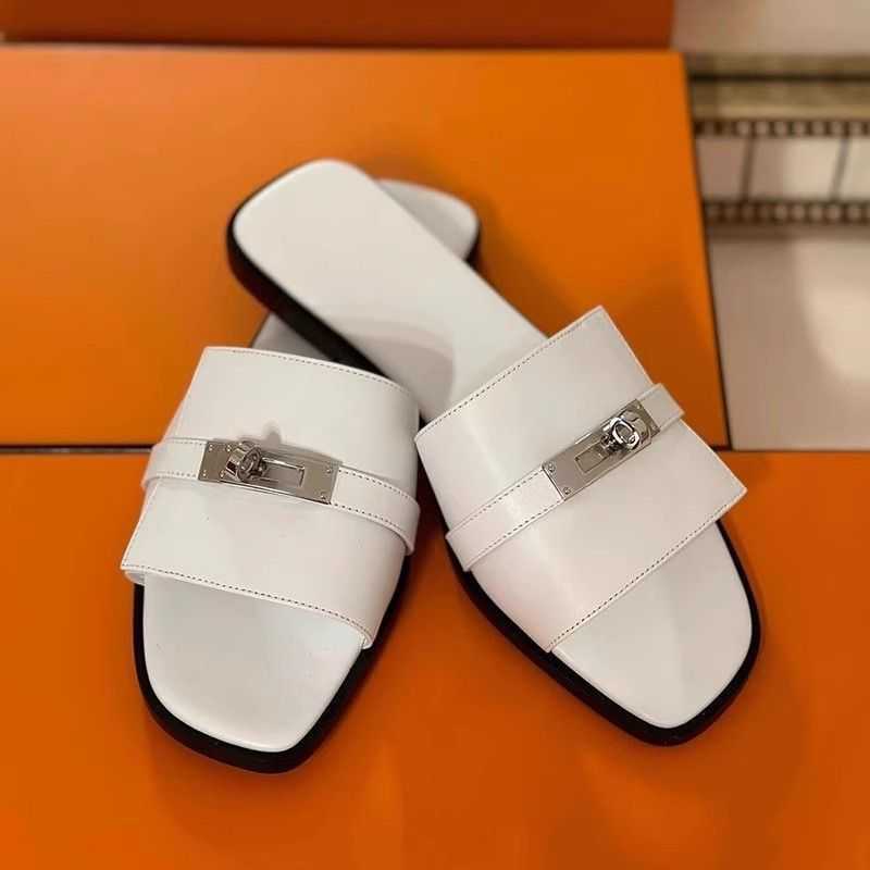 Soft leather comfortable silver buckle women's new slippers
