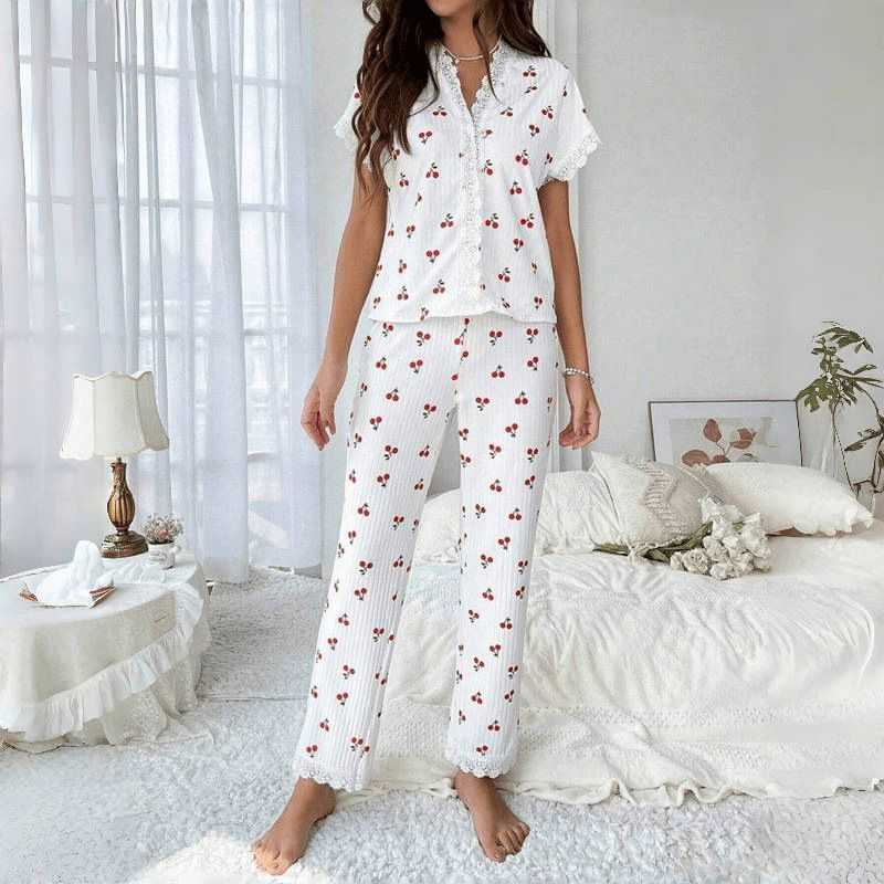 new autumn and winter sexy V-neck lace cherry print women's pajamas