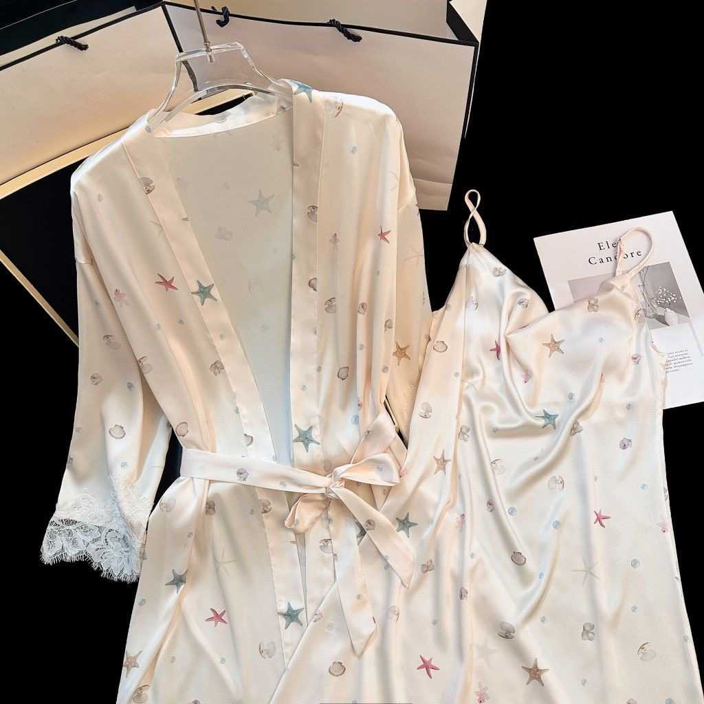 2 piece sea star pattern satin suspender night dress