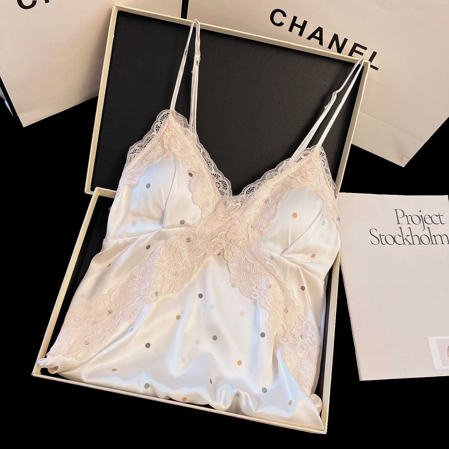 French polka dot ice silk suspender nightdress