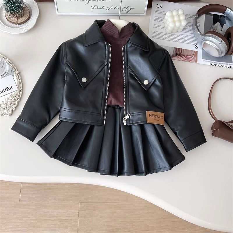 Children's Leather Jacket Pleated Skirt Two-piece Set