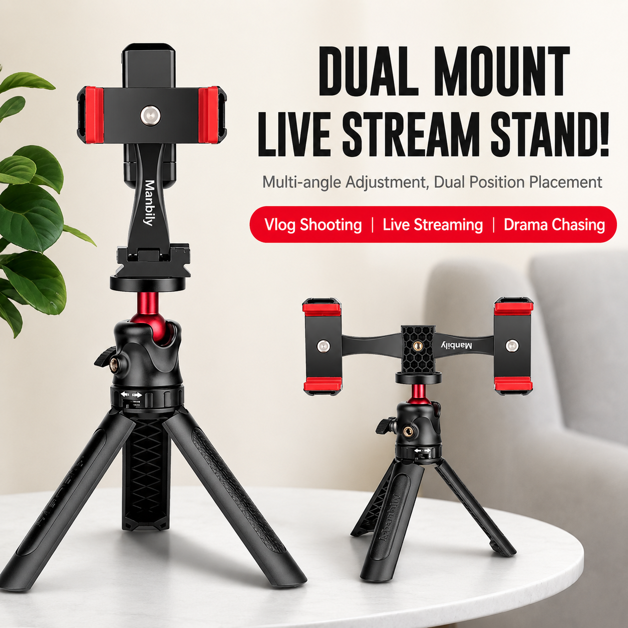 Dual camera mobile phone clip player universal camera tripod gimbal