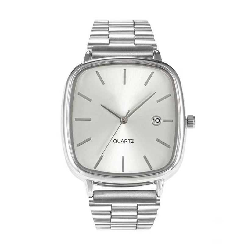 new couple commuter quartz watch neutral simple rectangular dial metal strap watch band date