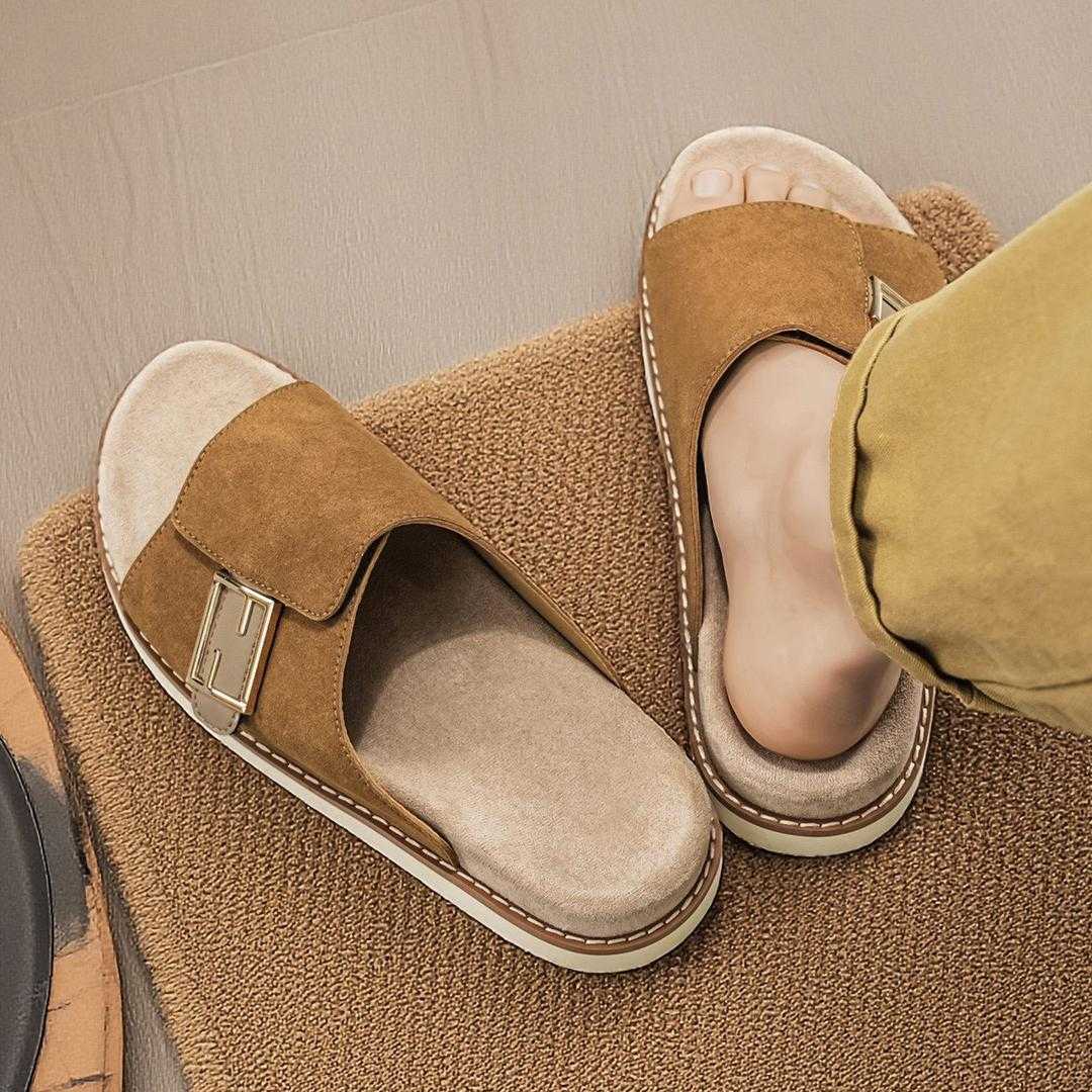 Comfortable Suede Flat Slip-On Slides with Metal Buckle