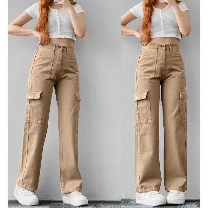 women's casual mid-waist three-dimensional pockets trouser