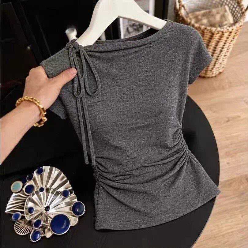 women's slim pleated waist short light luxury style top