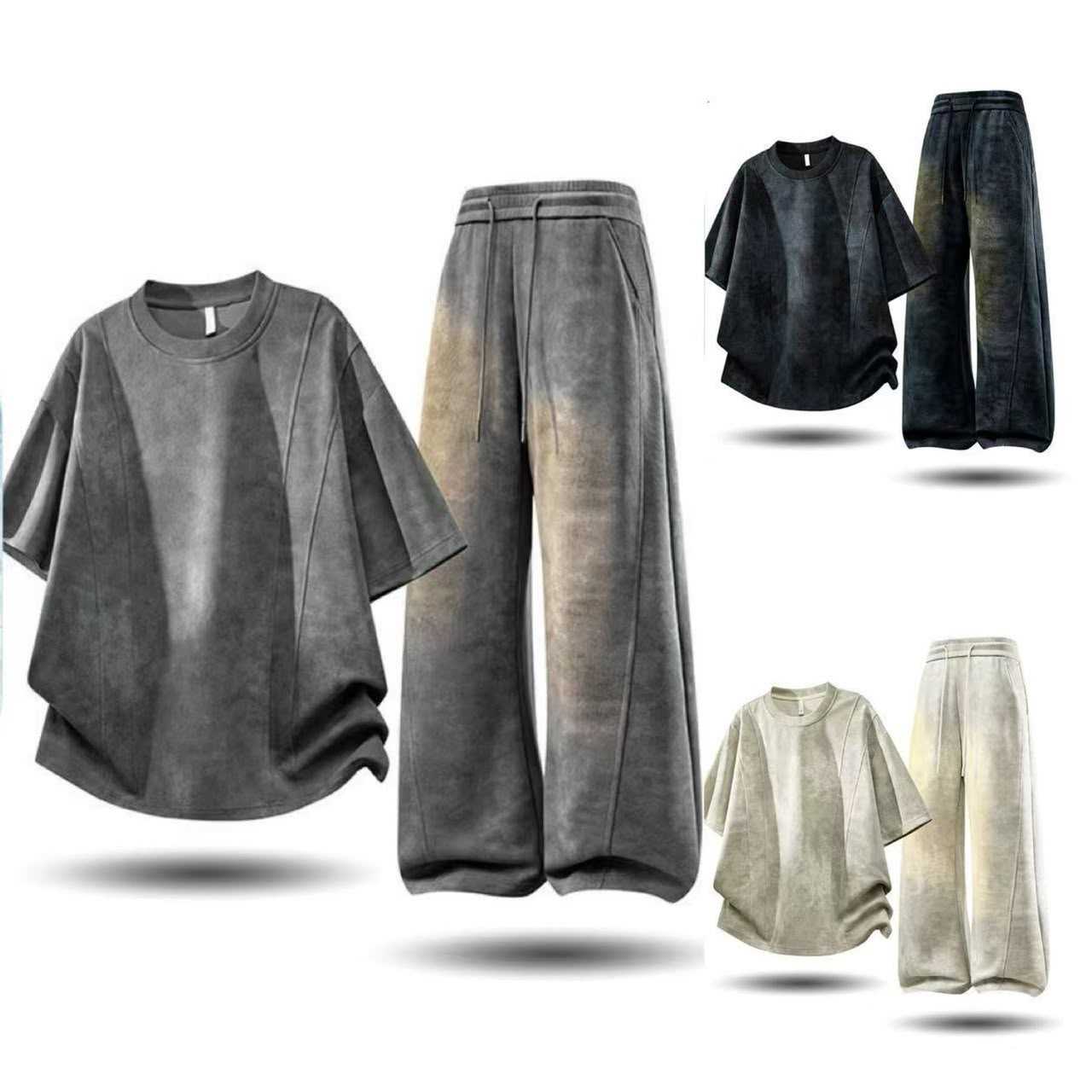 men's two-piece tie-dye stitching round-neck short-sleeved top straight trousers