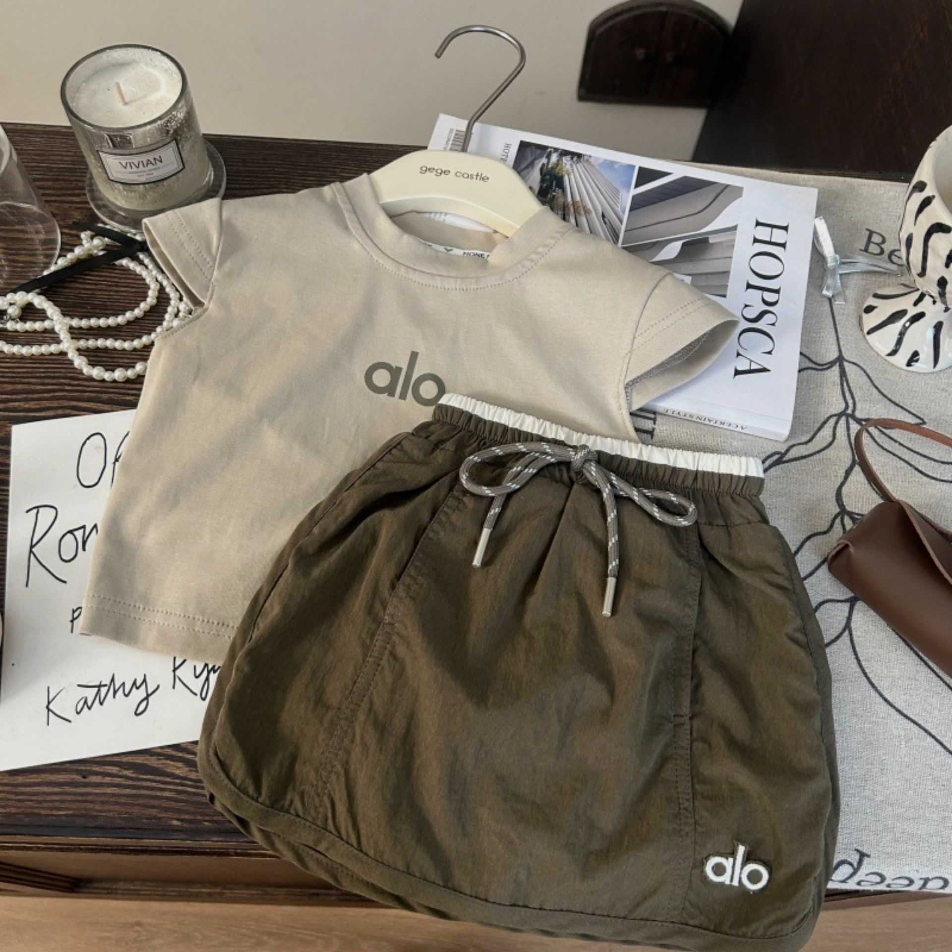new summer girls flying sleeve T-shirt skirt pants two-piece set