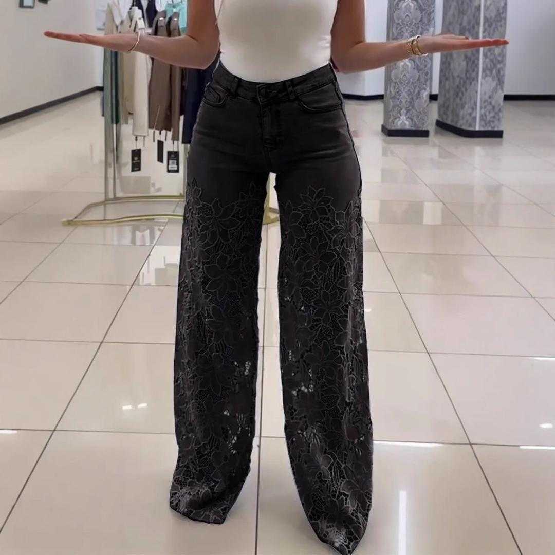 Women’s High Waist Floral Lace Patchwork Wide Leg Jeans