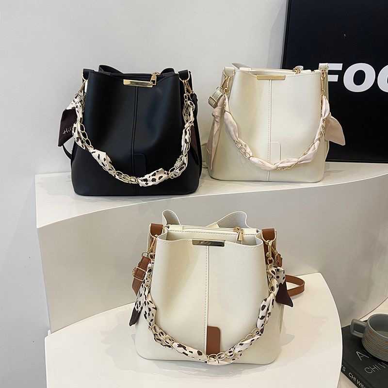 Women’s PU Leather Crossbody Bucket Handbag with Silk Scarf Chain Handle