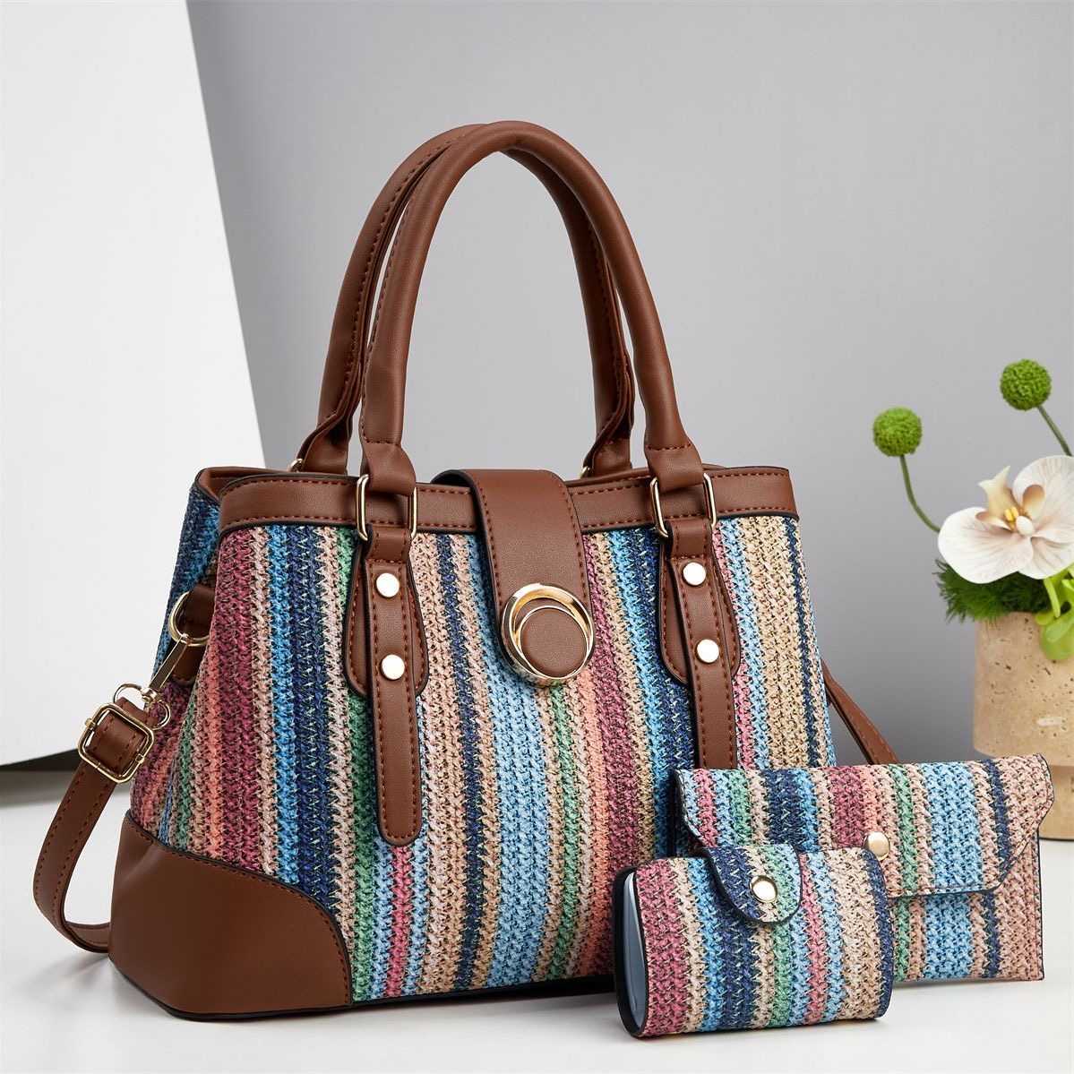 Women’s Woven Tote Handbag 3-Piece Set