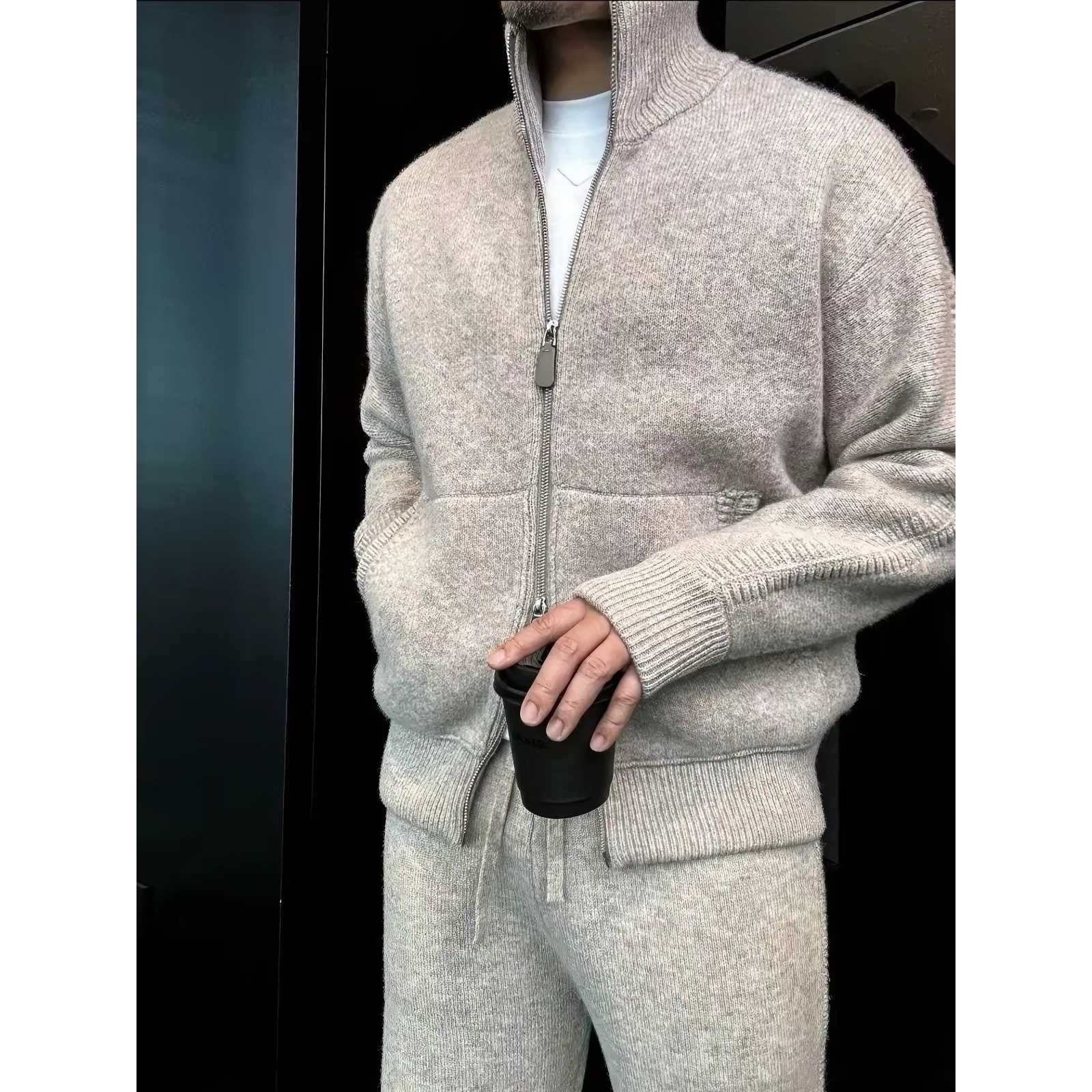 Autumn and winter new double zipper stand-up collar casual thick knitted jacket men's high-end fashi