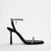 ZA2023 summer new women's black diamond buckle temperament square head high heels stiletto shoes