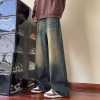 new men's vintage washed wide-leg straight jeans