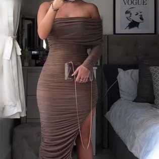 Inns web celebrity single sleeve slit brown dress package hip skirt