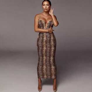 inns  celebrity snake print condole belt V long style dress one step skirt