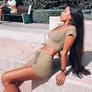 summer knit hooded shirt+ crop high waist shorts