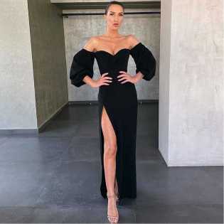 European women's lantern sleeve high slit evening gown