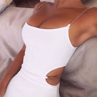Vogue-ladies-U-collar-hollowed out-metal-strap-dress