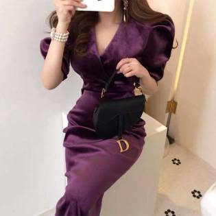 women's-puffed-sleeve-velvet-gown