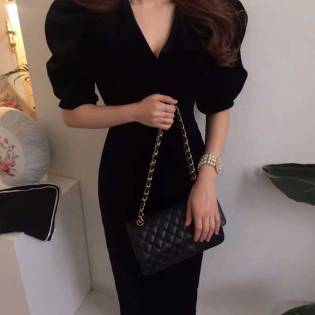 women's-puffed-sleeve-velvet-gown