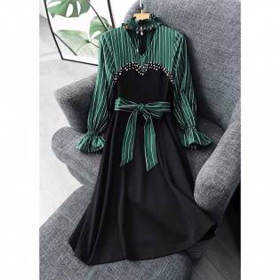 pleated neck long sleeve gown