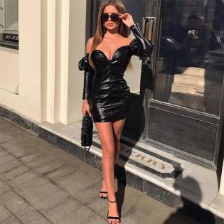 ladies long sleeves leather dress