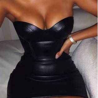 sexy-spring-and-autumn-strapless-black-leather-dress
