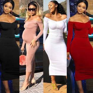 off shoulder pleated dress