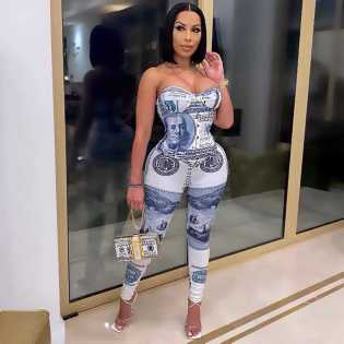 ladies dollar print wrapped chest jumpsuit