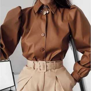 european matte leather puff sleeve shirt