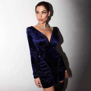 women's v-neck velvet pleated dress