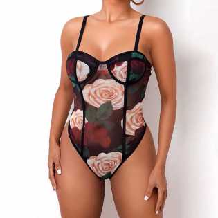 sexy floral print mesh bodysuit