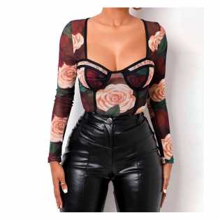 sexy floral print mesh bodysuit