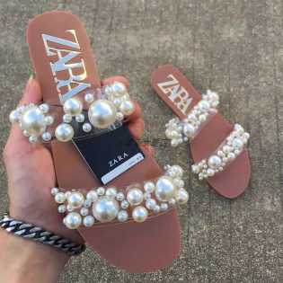 zara bead crusted flat slippers