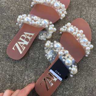 zara bead crusted flat slippers