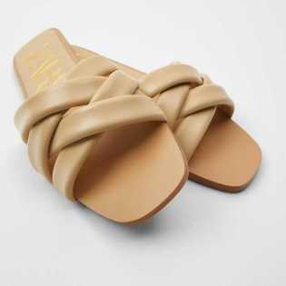 ZA2023 new women's shoes square open toe flat leather woven slippers