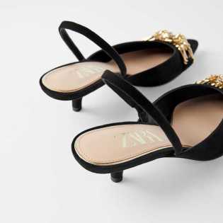 ZA2022 summer women's black all-match elegant chain ornaments pointy back trip strap mid heels