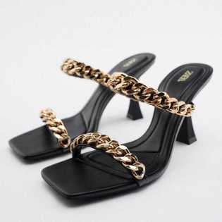 ZA2022 summer new women's shoes black chain stiletto peep-toe heels