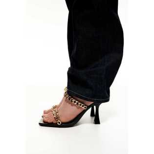 ZA2022 summer new women's shoes black chain stiletto peep-toe heels