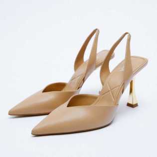 ZA2023 autumn women's natural color metal series slingback elegant temperament high heels thin heel