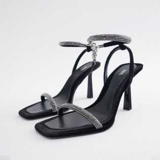 ZA2023 summer new women's black diamond buckle temperament square head high heels stiletto shoes