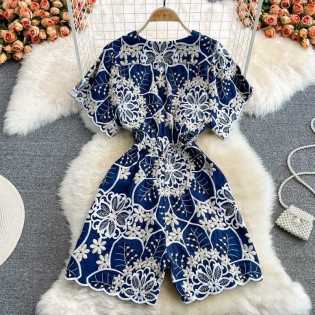 new summer vintage V-neck heavy embroidered fashion wide leg jumpsuit