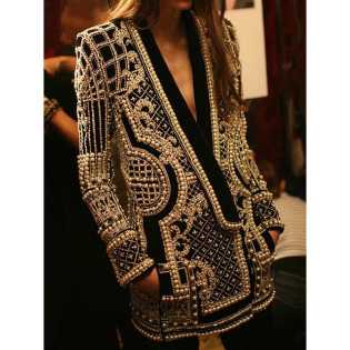 retro palace style pearl spring and autumn nail bead print V-neck suit