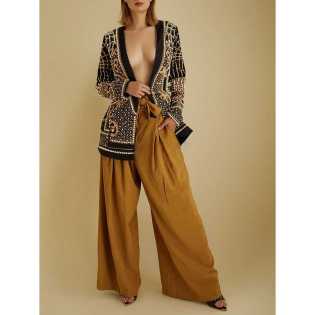 retro palace style pearl spring and autumn nail bead print V-neck suit