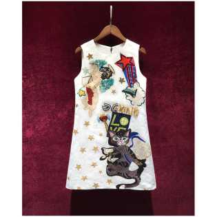 Fashion cat print high-end heavy industry nail beads foreign style A-line female niche dress