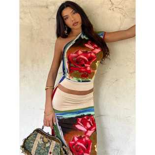 Artsy retro style flower print colorful two-piece summer diagonal collar single sleeve off-shoulder Artsy retro style flower print colorful two-piece summer diagonal collar single sleeve off-shoulder